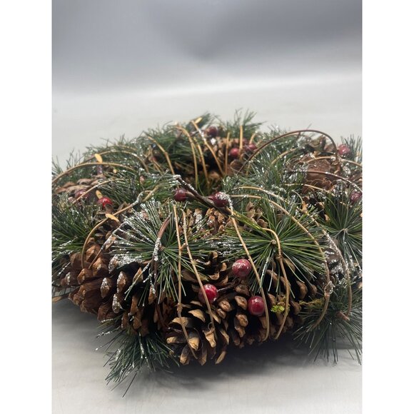 handmade Christmas wreath green brown pine cones holly berries silver 10" READ - Picture 3 of 8